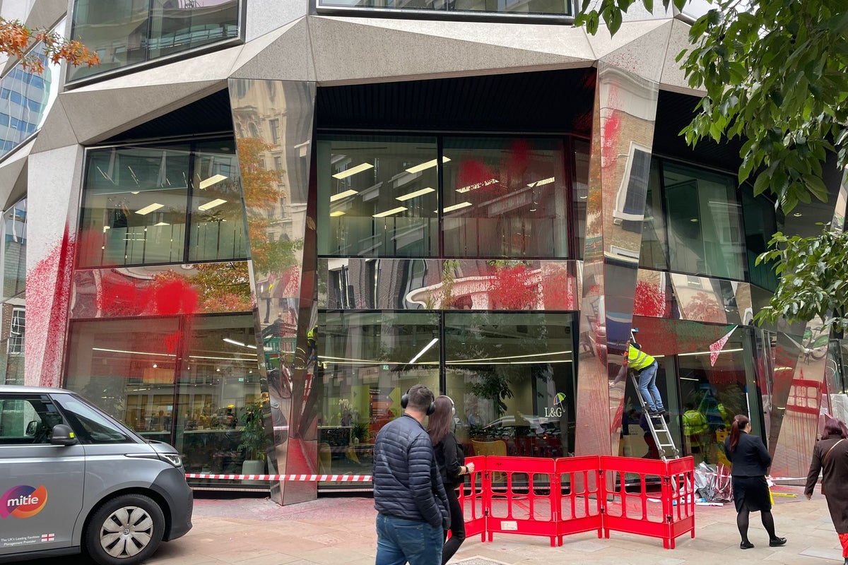 Legal & General London office windows smashed and doused in red paint